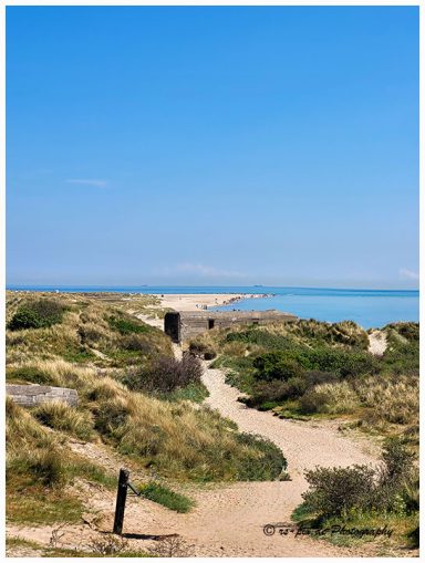 Küstenlandschaft mit Sanddünen und einem Weg, der zum Wasser führt. Blauer Himmel.